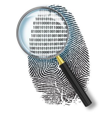 Ilustración de una huella dactilar examinada con una lupa, representando el trabajo del perito forense.