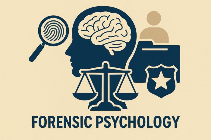 Ilustración de psicología forense con cerebro, lupa, huella dactilar y símbolos legales.