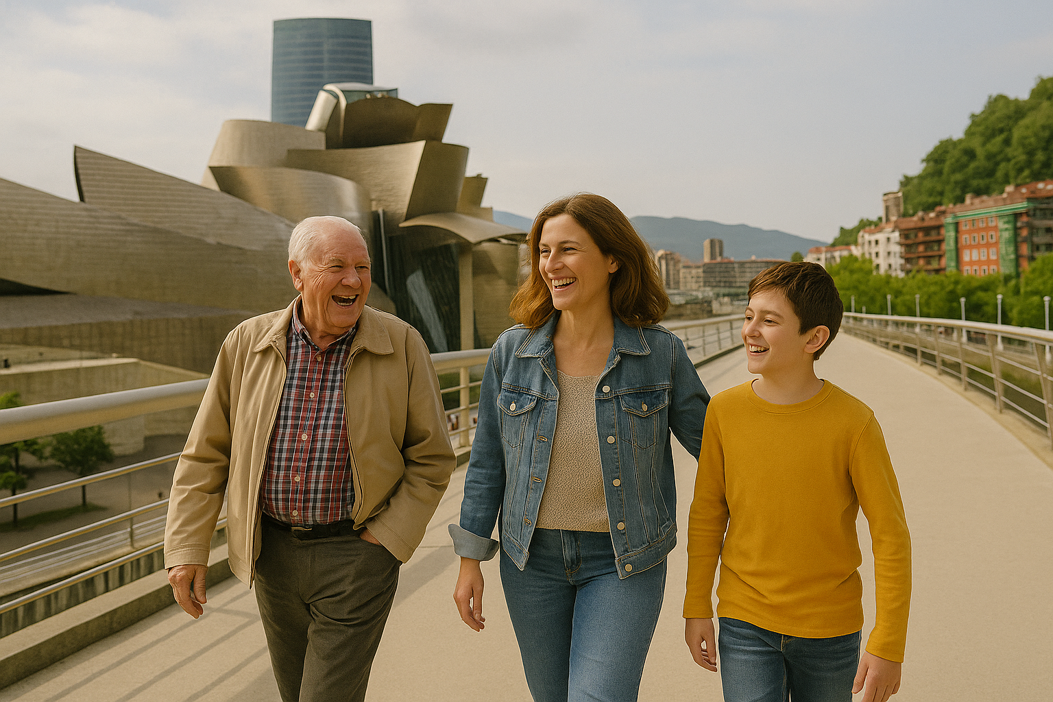 Familia de tres generaciones paseando y riendo junto al Museo Guggenheim en Bilbao