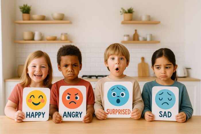 niños felices expresando emociones