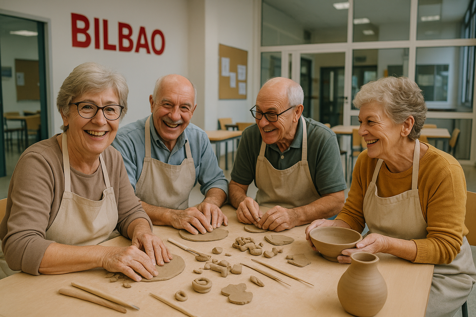 Personas mayores sonrientes realizando un taller de cerámica en un centro municipal de Bilbao.
