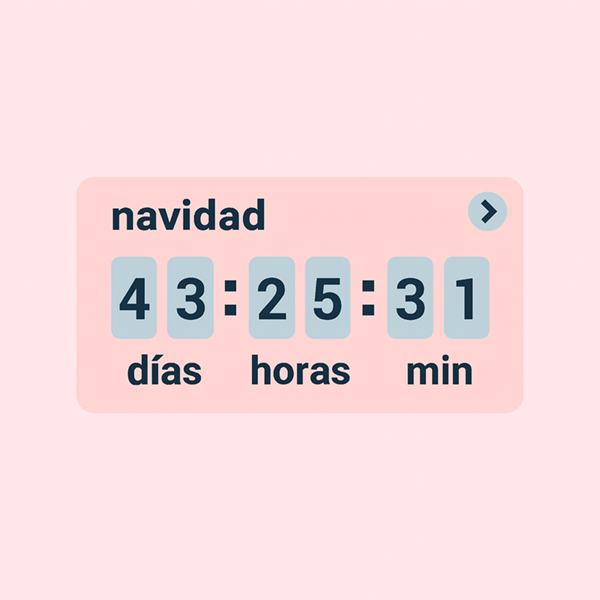 Cuenta atrás con un temporizador que muestra días, horas y minutos restantes, en un diseño de tarjeta clara.