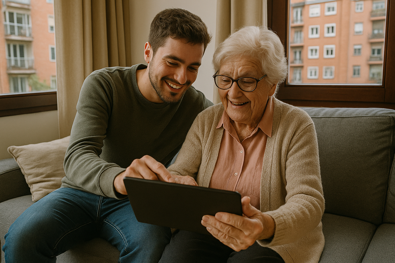 Joven ayudando a su abuela a hacer una videollamada en una tablet en un salón de Bilbao.