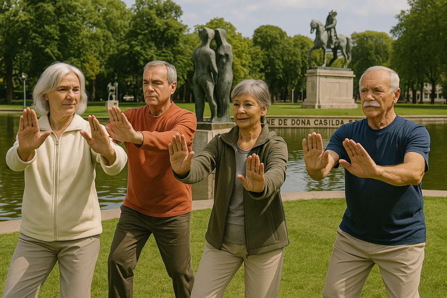 Personas mayores practicando taichí al aire libre en el Parque de Doña Casilda en Bilbao.