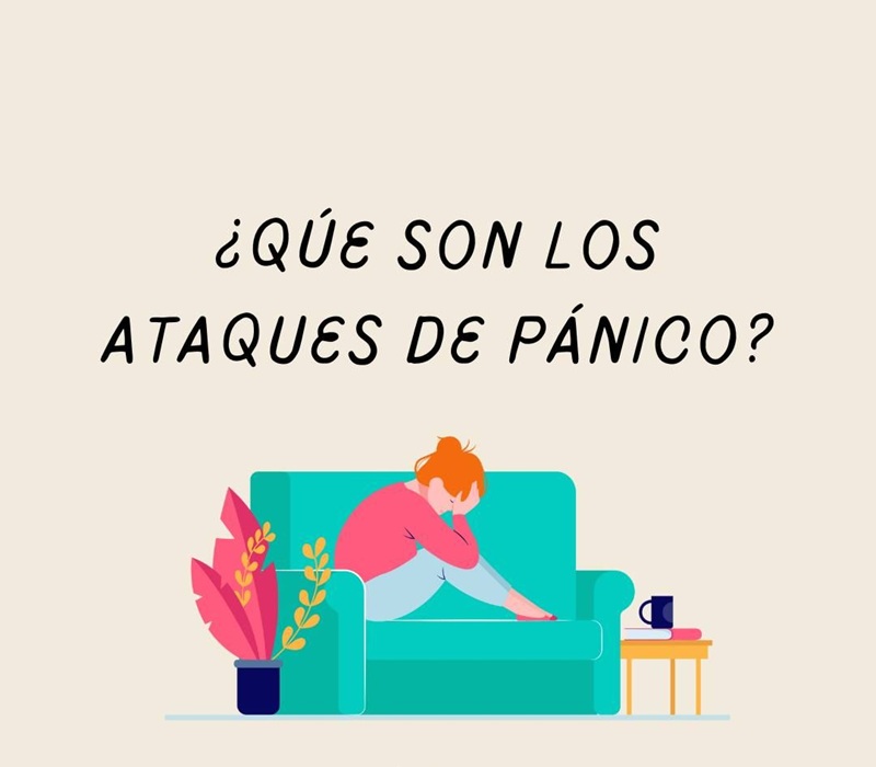 Ilustración sobre los ataques de pánico, con una persona sentada mostrando signos de ansiedad y un texto que pregunta ¿Qué son los ataques de pánico?