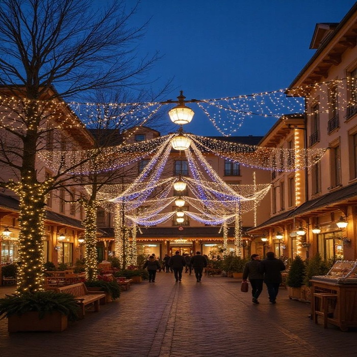 Calle peatonal decorada con luces navideñas al anochecer, con gente paseando bajo las iluminaciones festivas.