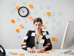 Mujer sentada en el suelo rodeada de post-its con tareas pendientes sosteniendo una taza de té