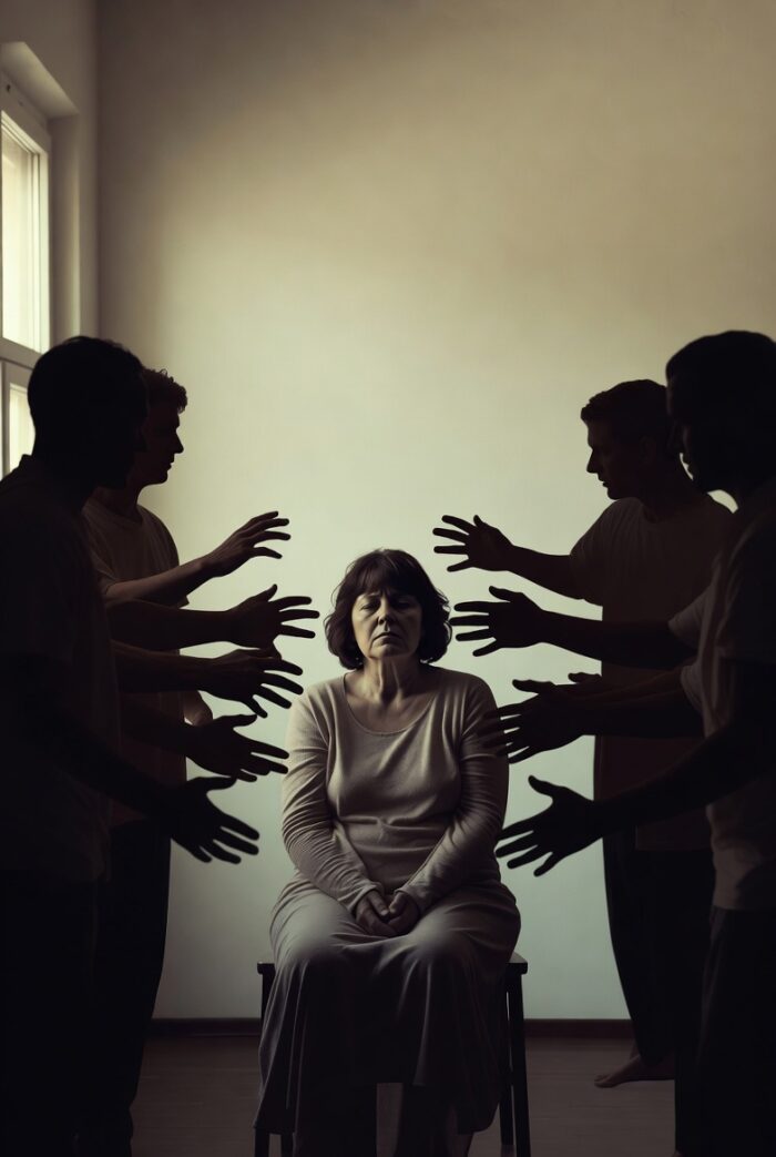 Mujer en centro de habitación rodeada de siluetas que extienden manos hacia ella, reflejando demandas constantes.