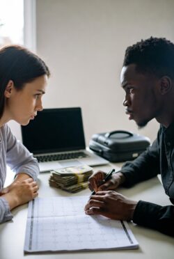 Pareja en mesa con expresiones serias, calendario, billetes y maletas, reflejando tensión por planificar vacaciones.